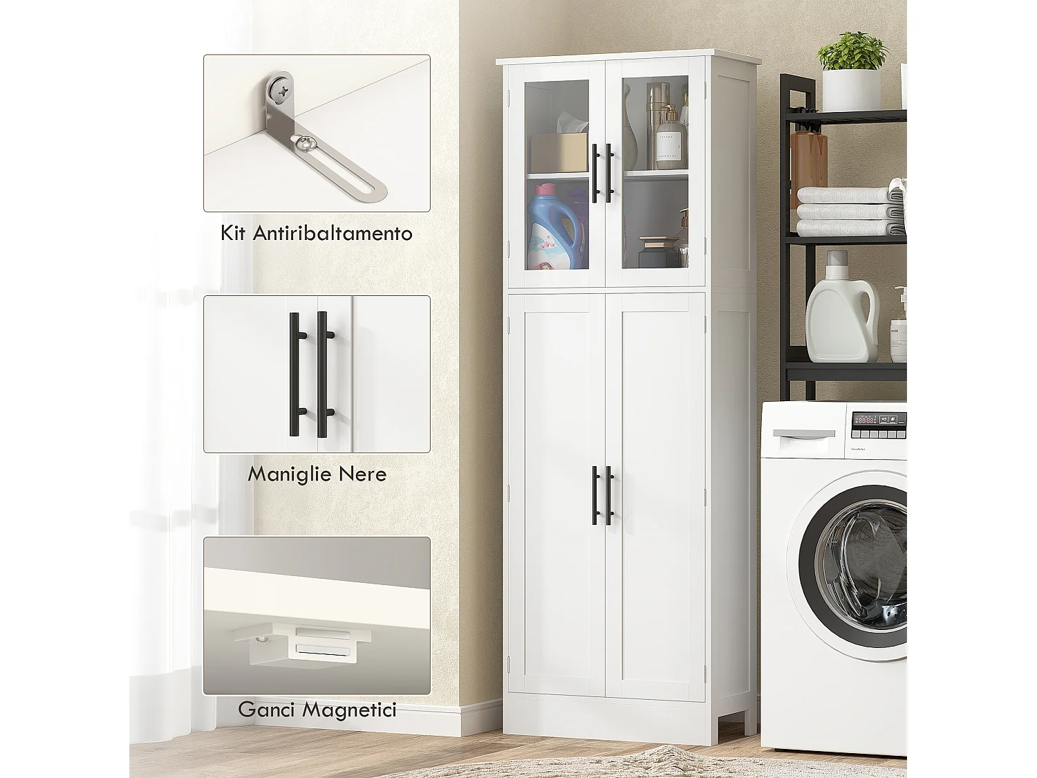 Mobile bagno alto con ripiani regolabili ante in vetro e legno bianco