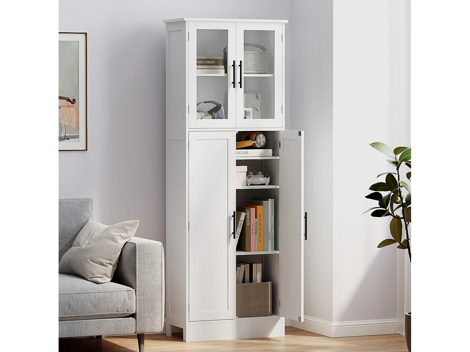 Mobile bagno alto con ripiani regolabili ante in vetro e legno bianco