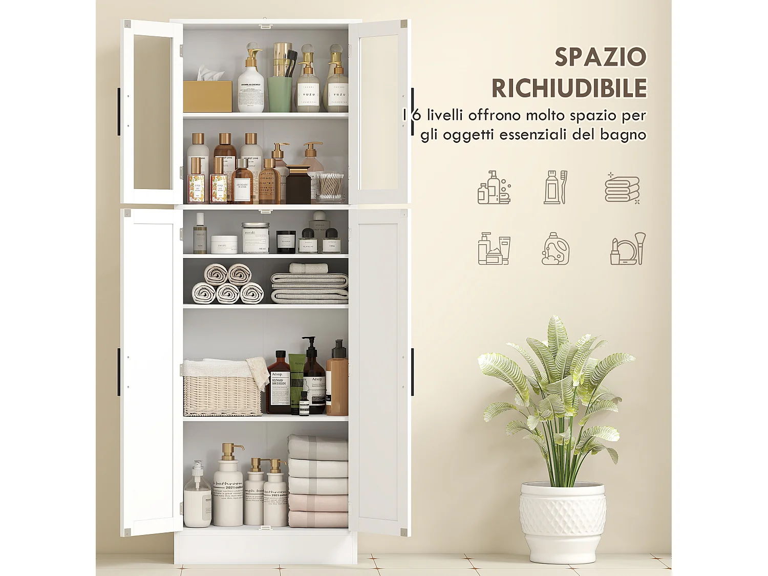 Mobile bagno alto con ripiani regolabili ante in vetro e legno bianco