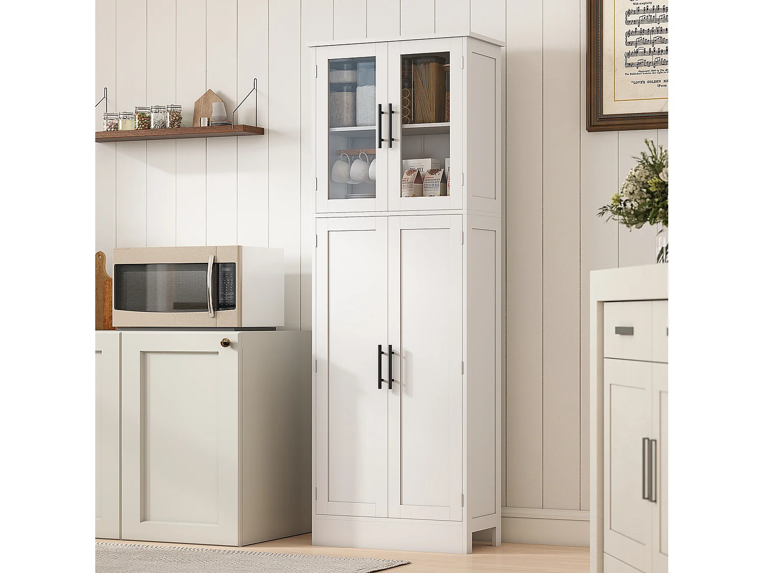 Mobile bagno alto con ripiani regolabili ante in vetro e legno bianco