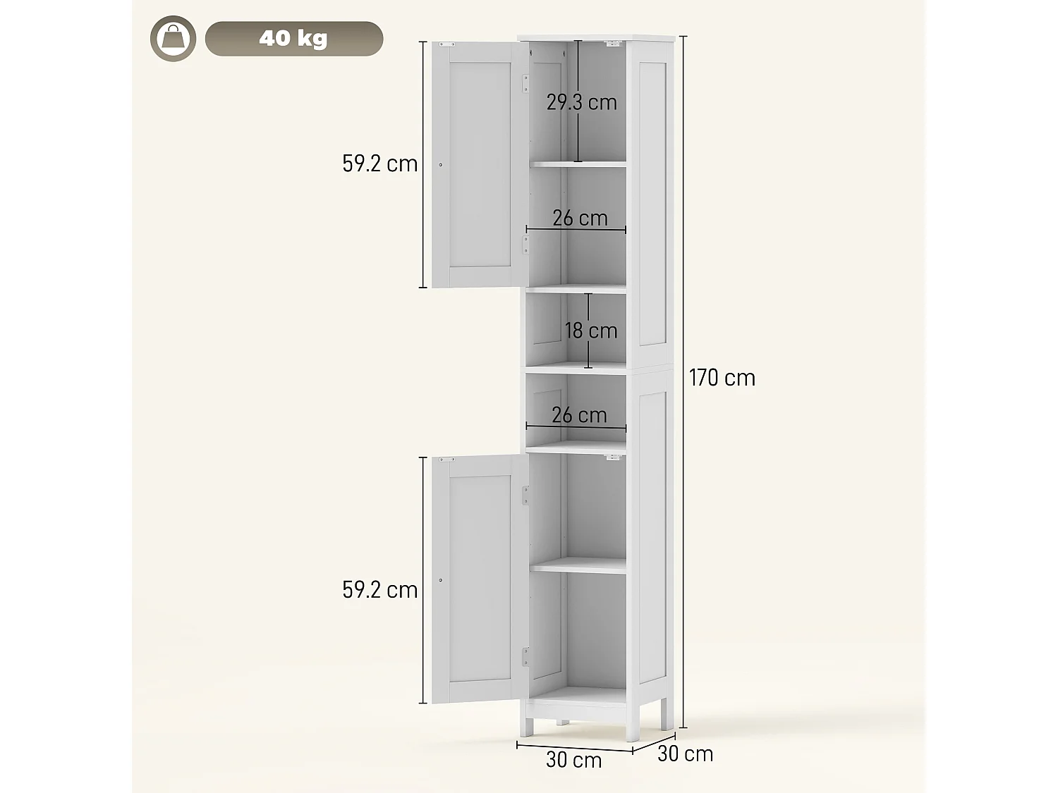 Mobile alto bagno con 2 ripiani aperti e 2 armadietti in legno bianco