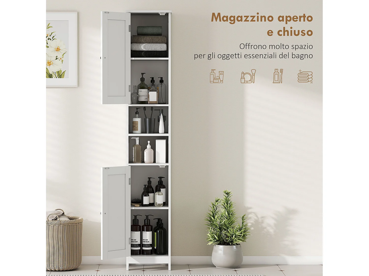 Mobile alto bagno con 2 ripiani aperti e 2 armadietti in legno bianco