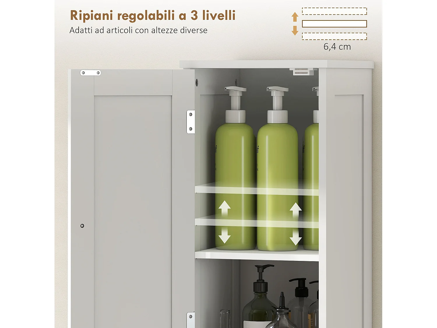 Mobile alto bagno con 2 ripiani aperti e 2 armadietti in legno bianco