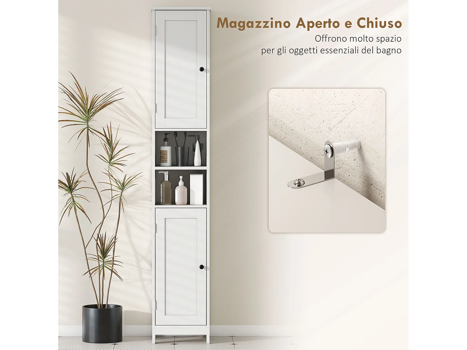 Mobile alto bagno con 2 ripiani aperti e 2 armadietti in legno bianco