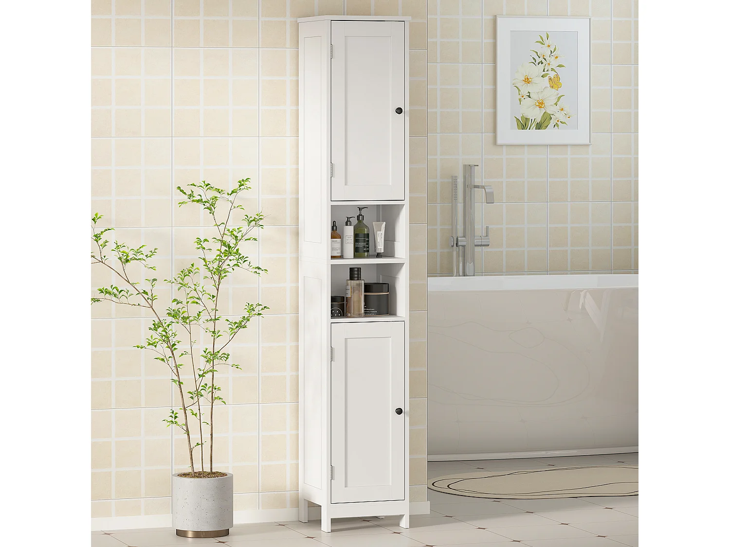 Mobile alto bagno con 2 ripiani aperti e 2 armadietti in legno bianco