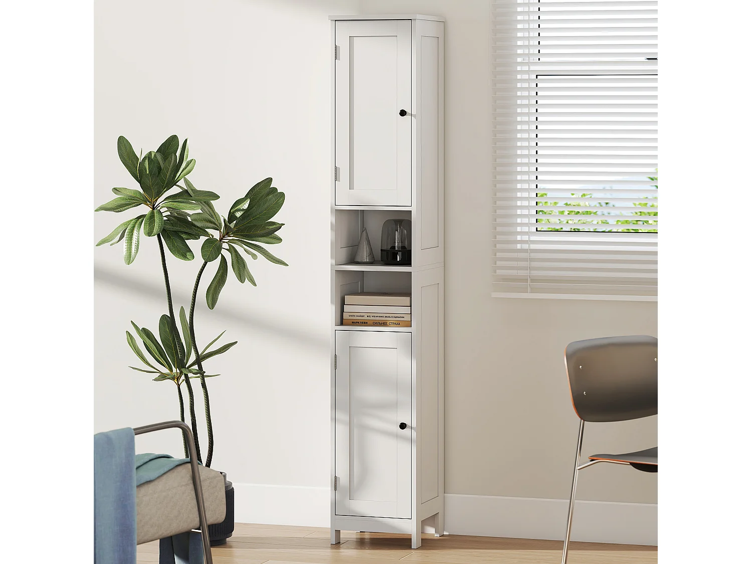 Mobile alto bagno con 2 ripiani aperti e 2 armadietti in legno bianco