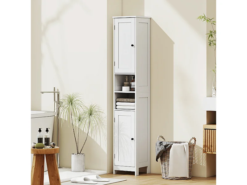 Mobile alto bagno con 2 ripiani aperti e 2 armadietti in legno bianco