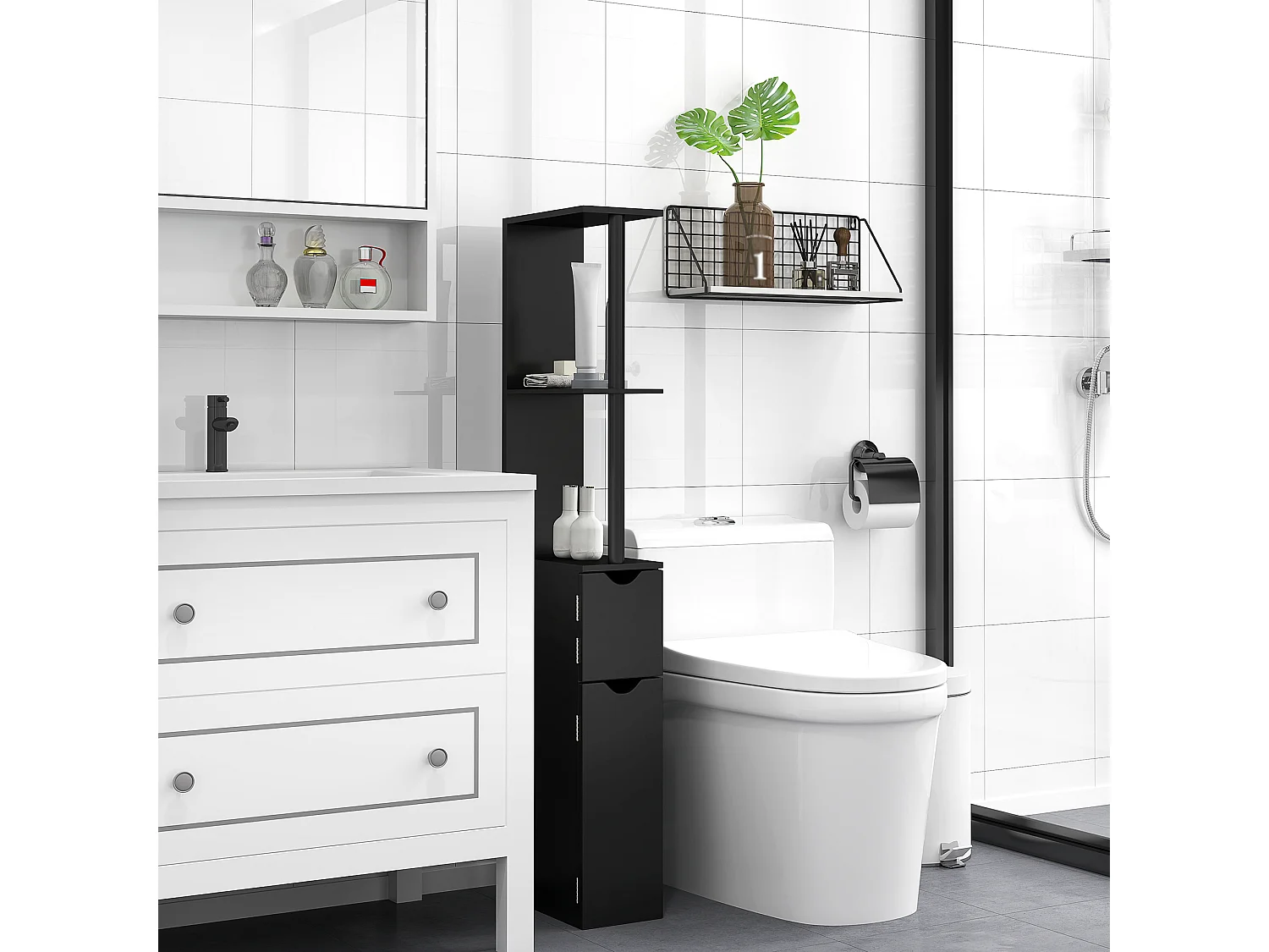 Mobile colonna bagno con 2 armadietti e 2 ripiani in legno nero