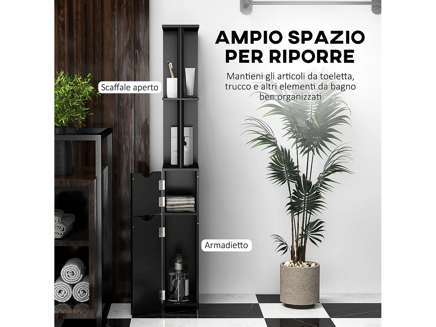 Mobile colonna bagno con 2 armadietti e 2 ripiani in legno nero