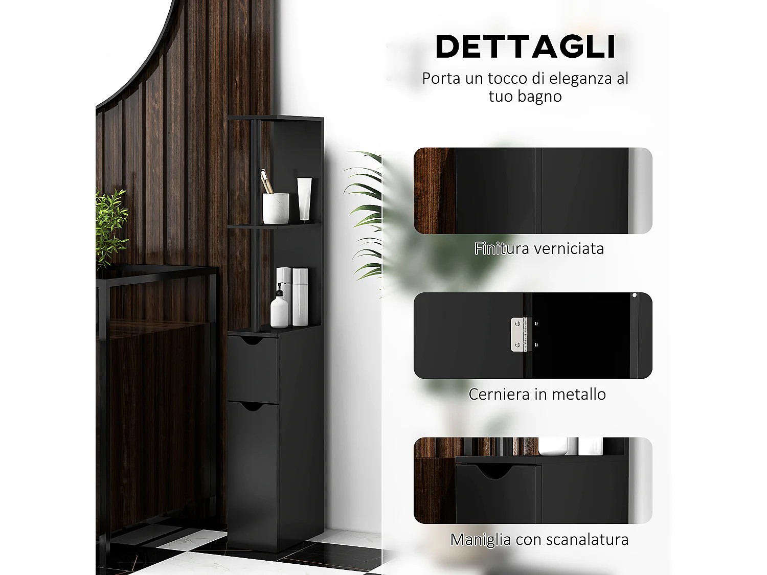 Mobile colonna bagno con 2 armadietti e 2 ripiani in legno nero