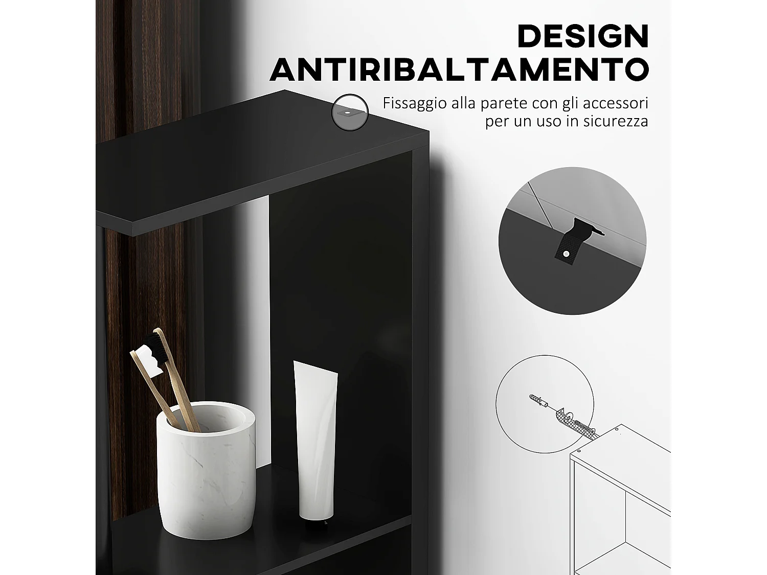 Mobile colonna bagno con 2 armadietti e 2 ripiani in legno nero