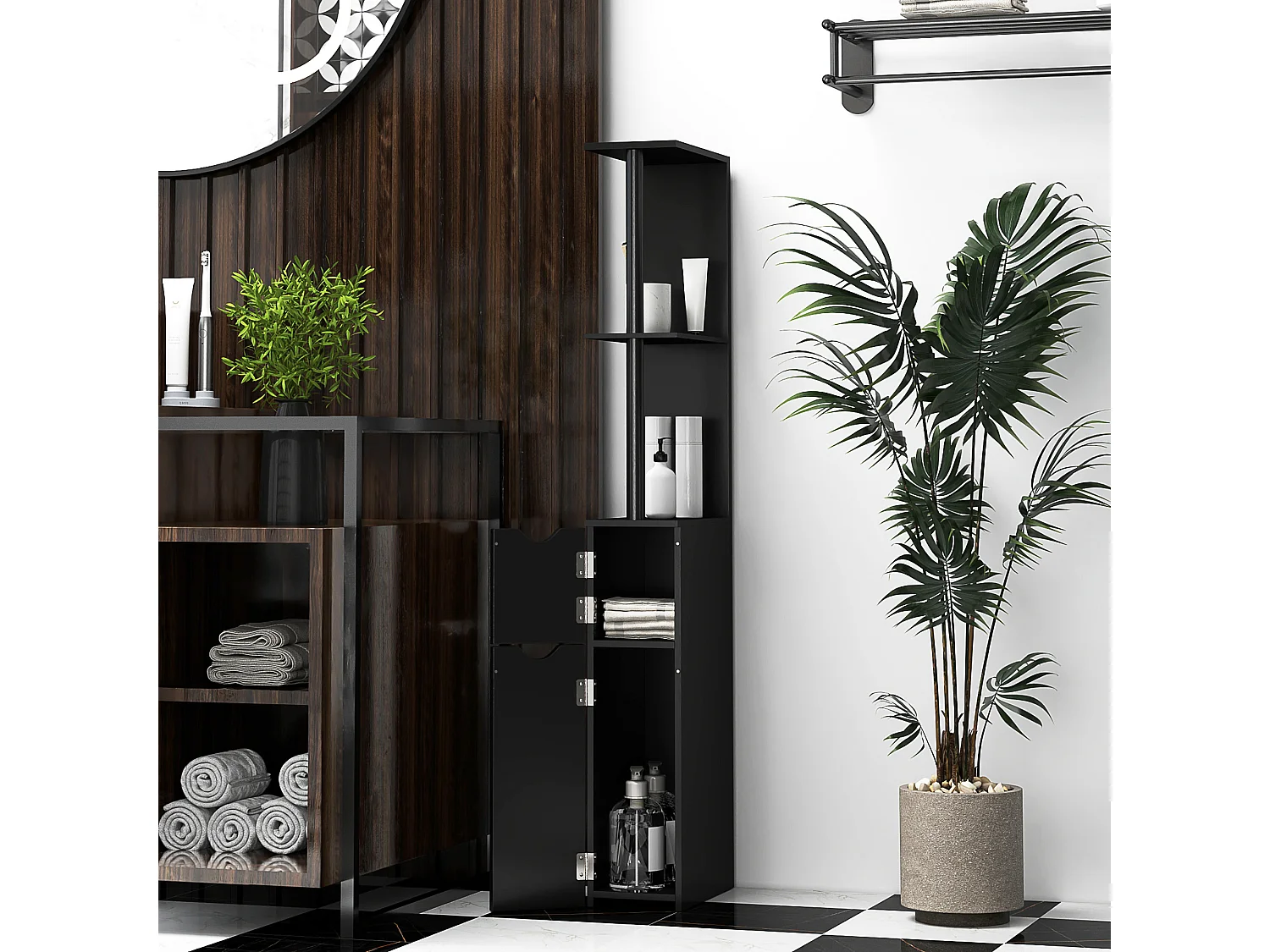 Mobile colonna bagno con 2 armadietti e 2 ripiani in legno nero