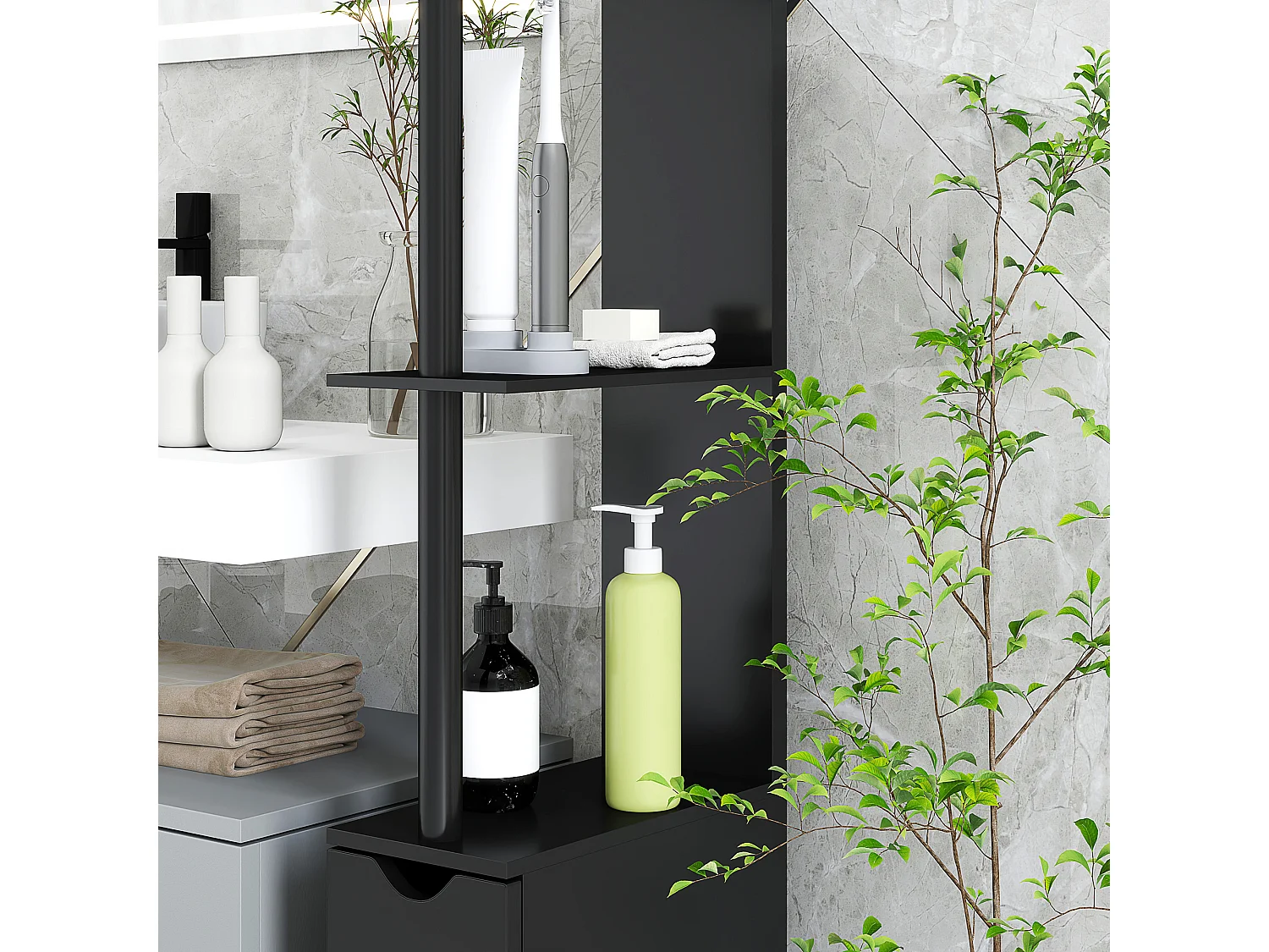 Mobile colonna bagno con 2 armadietti e 2 ripiani in legno nero