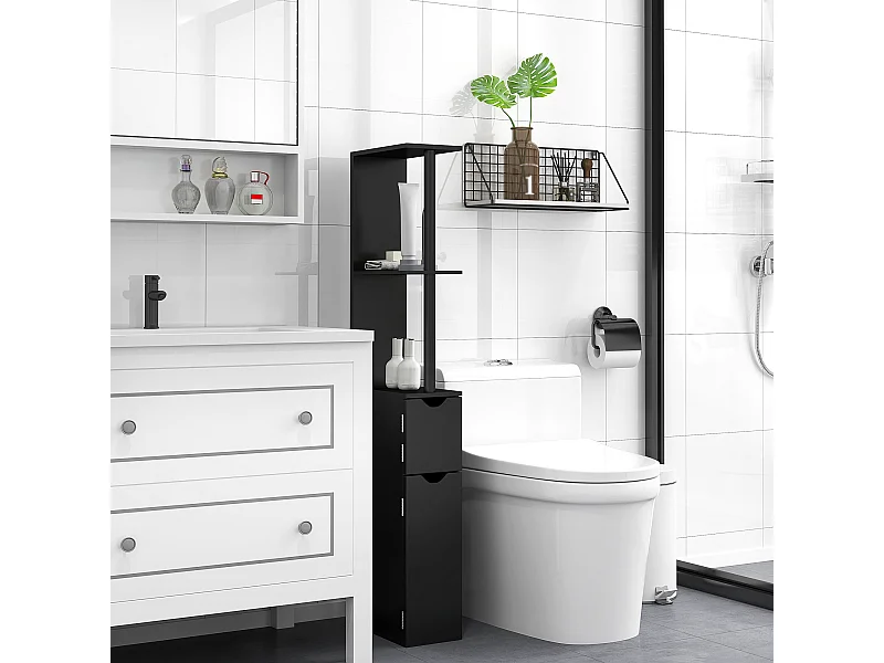 Mobile colonna bagno con 2 armadietti e 2 ripiani in legno nero