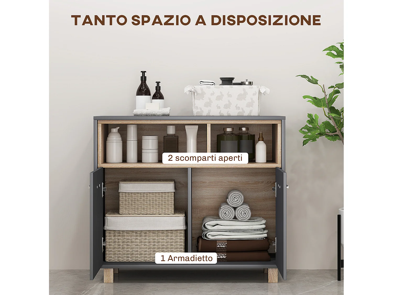 Mobile bagno moderno con armadietto e vani aperti grigio