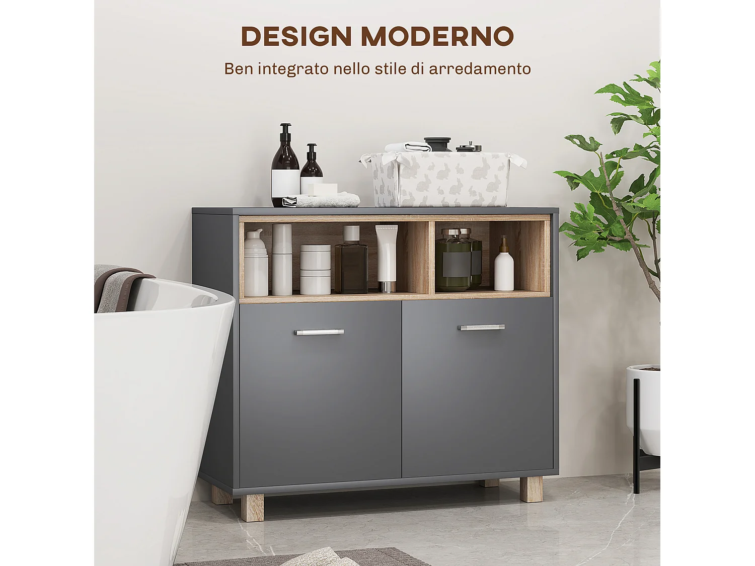 Mobile bagno moderno con armadietto e vani aperti grigio