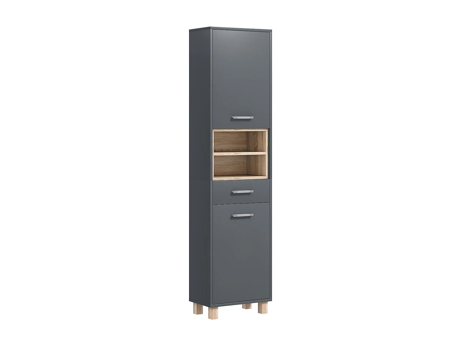 Colonna bagno moderna con cassetto e armadietti colore grigio e legno