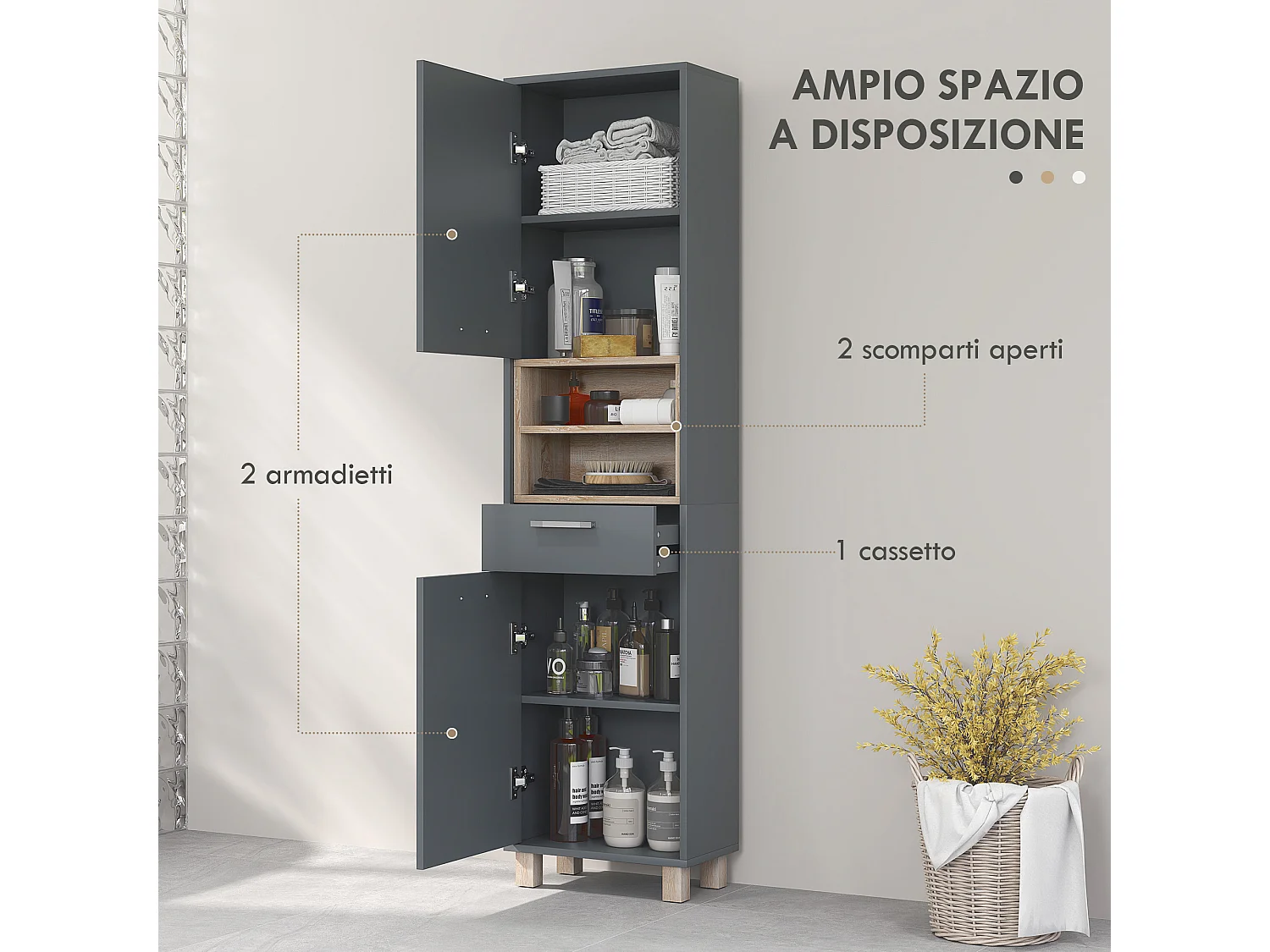 Colonna bagno moderna con cassetto e armadietti colore grigio e legno