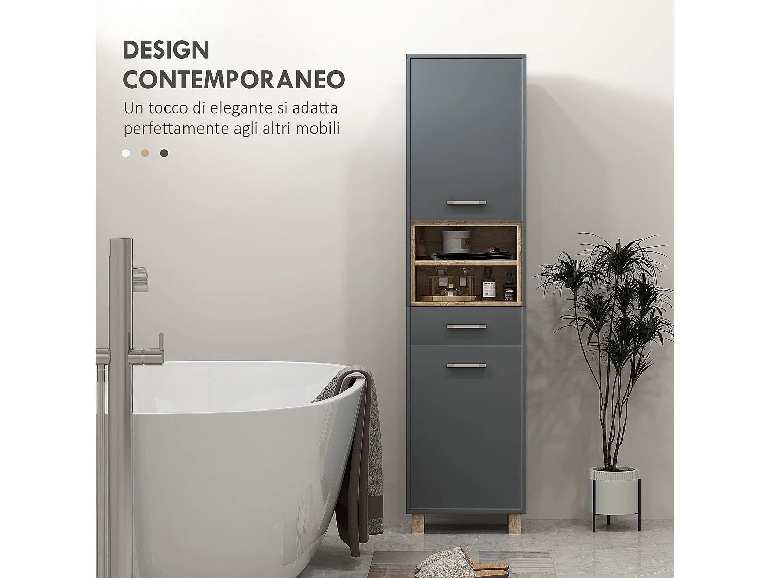 Colonna bagno moderna con cassetto e armadietti colore grigio e legno