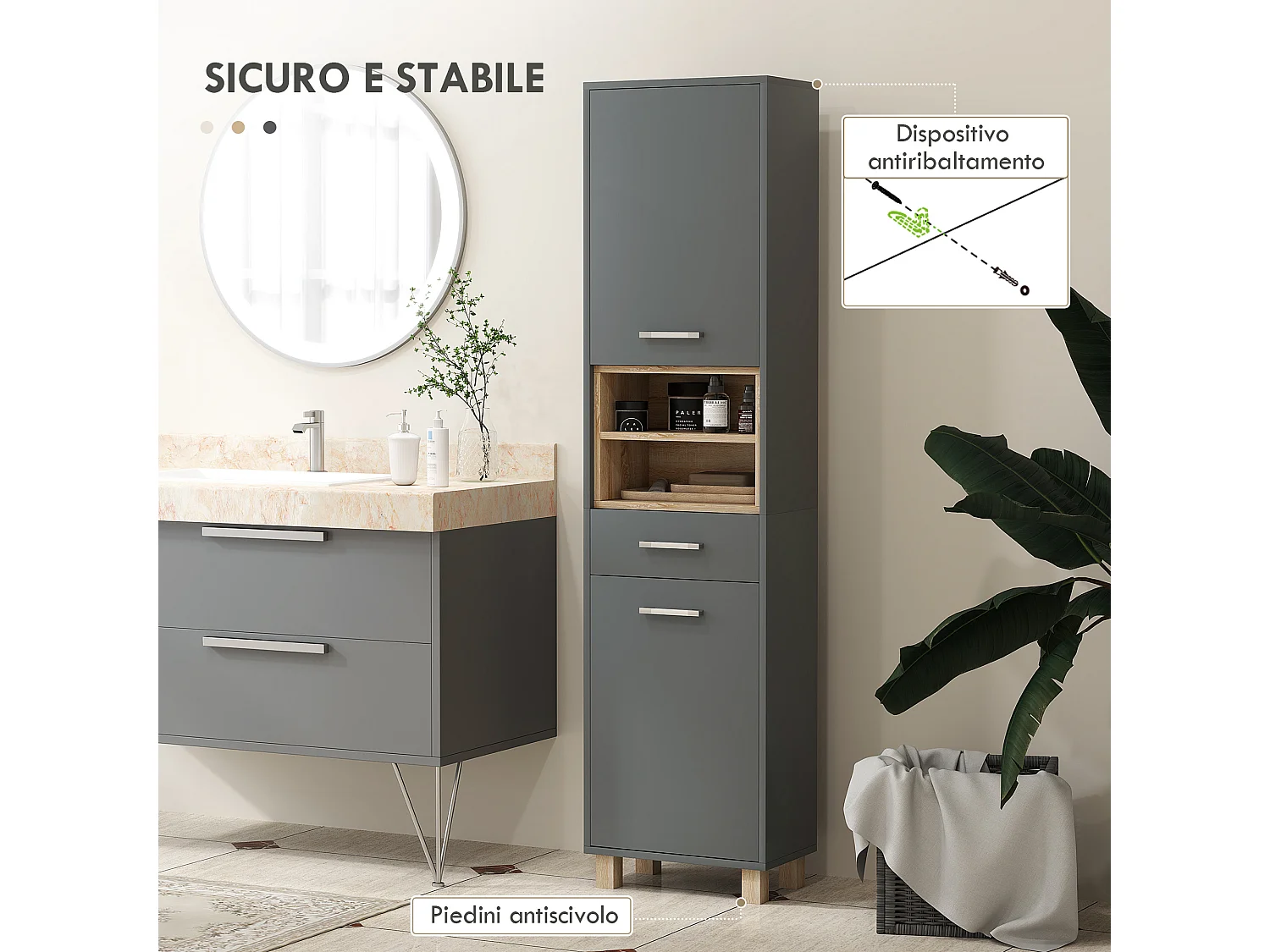 Colonna bagno moderna con cassetto e armadietti colore grigio e legno