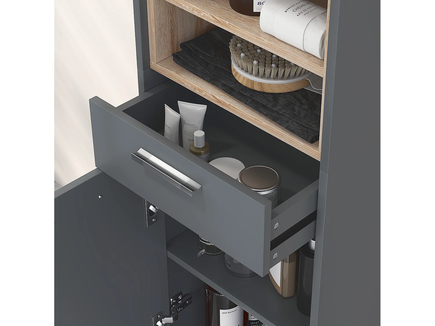 Colonna bagno moderna con cassetto e armadietti colore grigio e legno