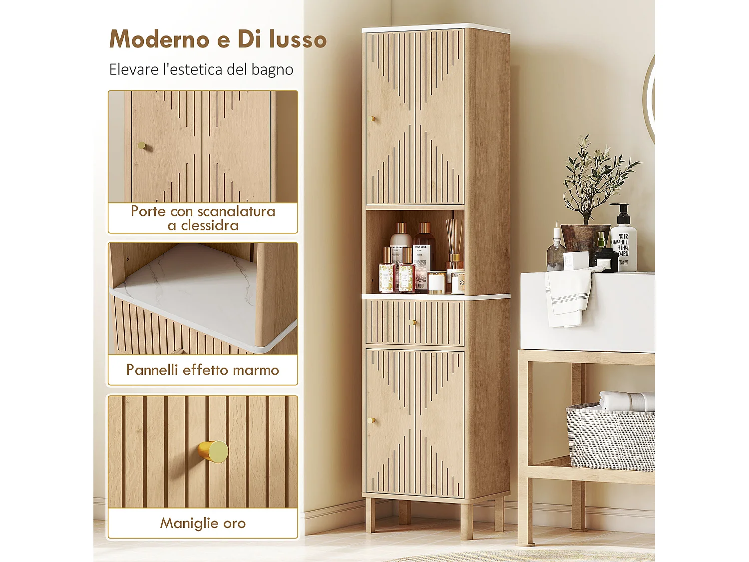 Colonna bagno con cassetto 2 armadietti e ripiani regolabili rovere