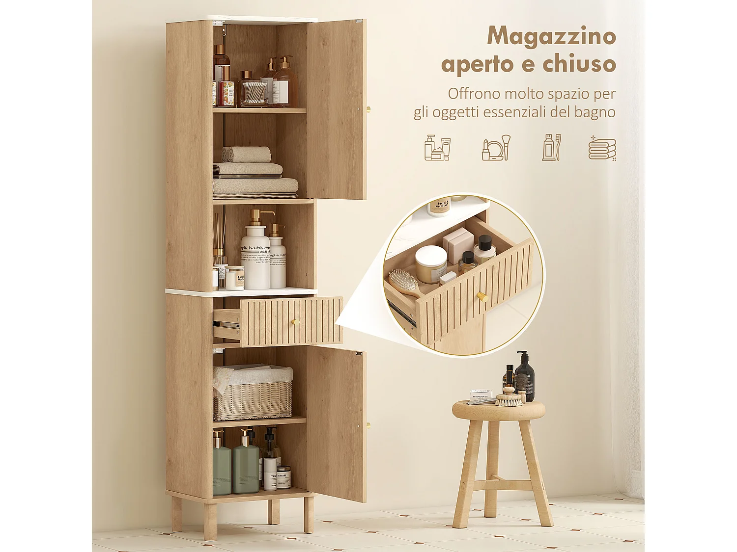 Colonna bagno con cassetto 2 armadietti e ripiani regolabili rovere