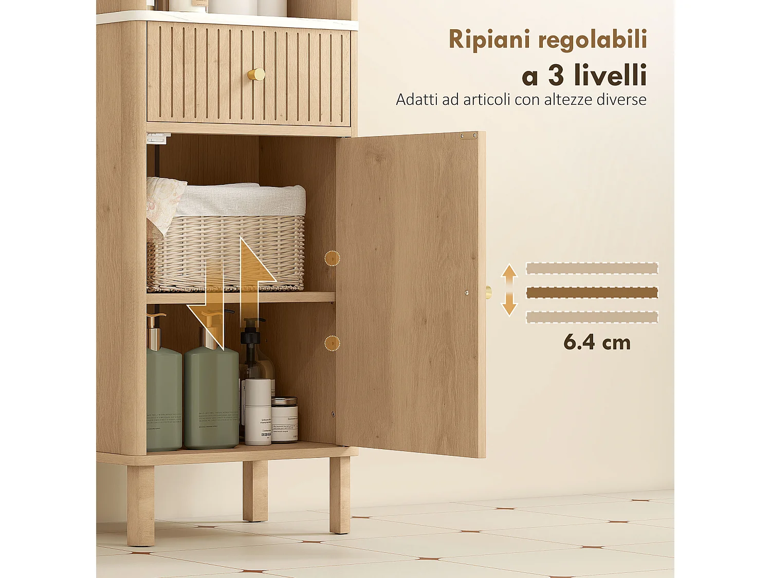 Colonna bagno con cassetto 2 armadietti e ripiani regolabili rovere