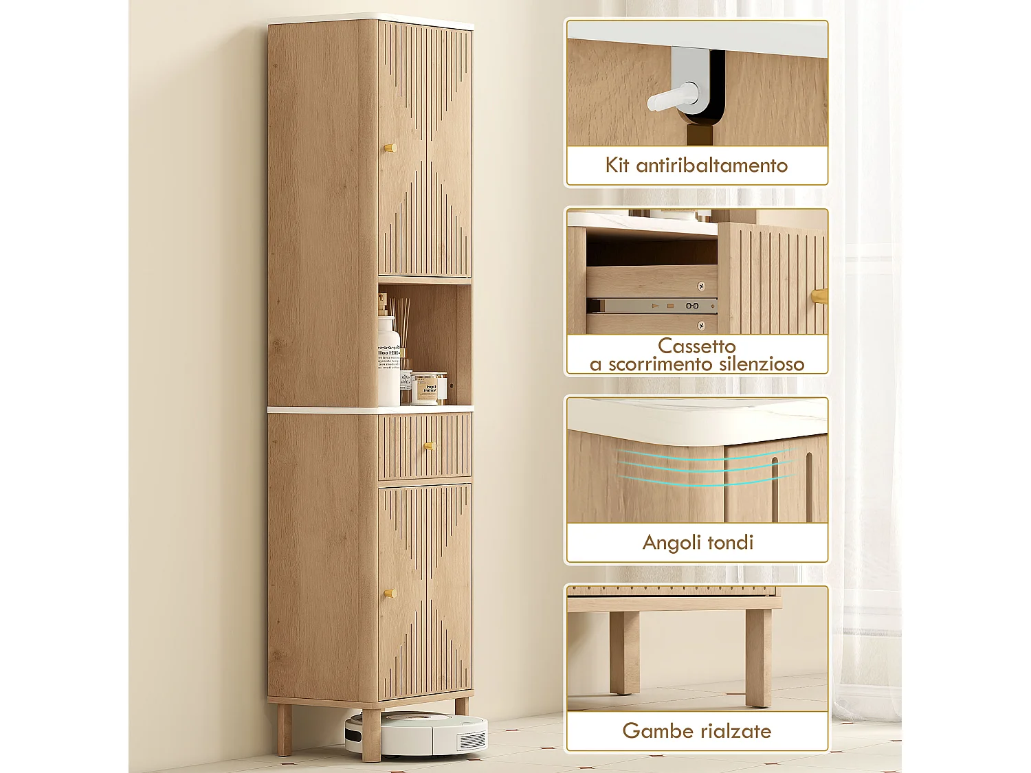 Colonna bagno con cassetto 2 armadietti e ripiani regolabili rovere