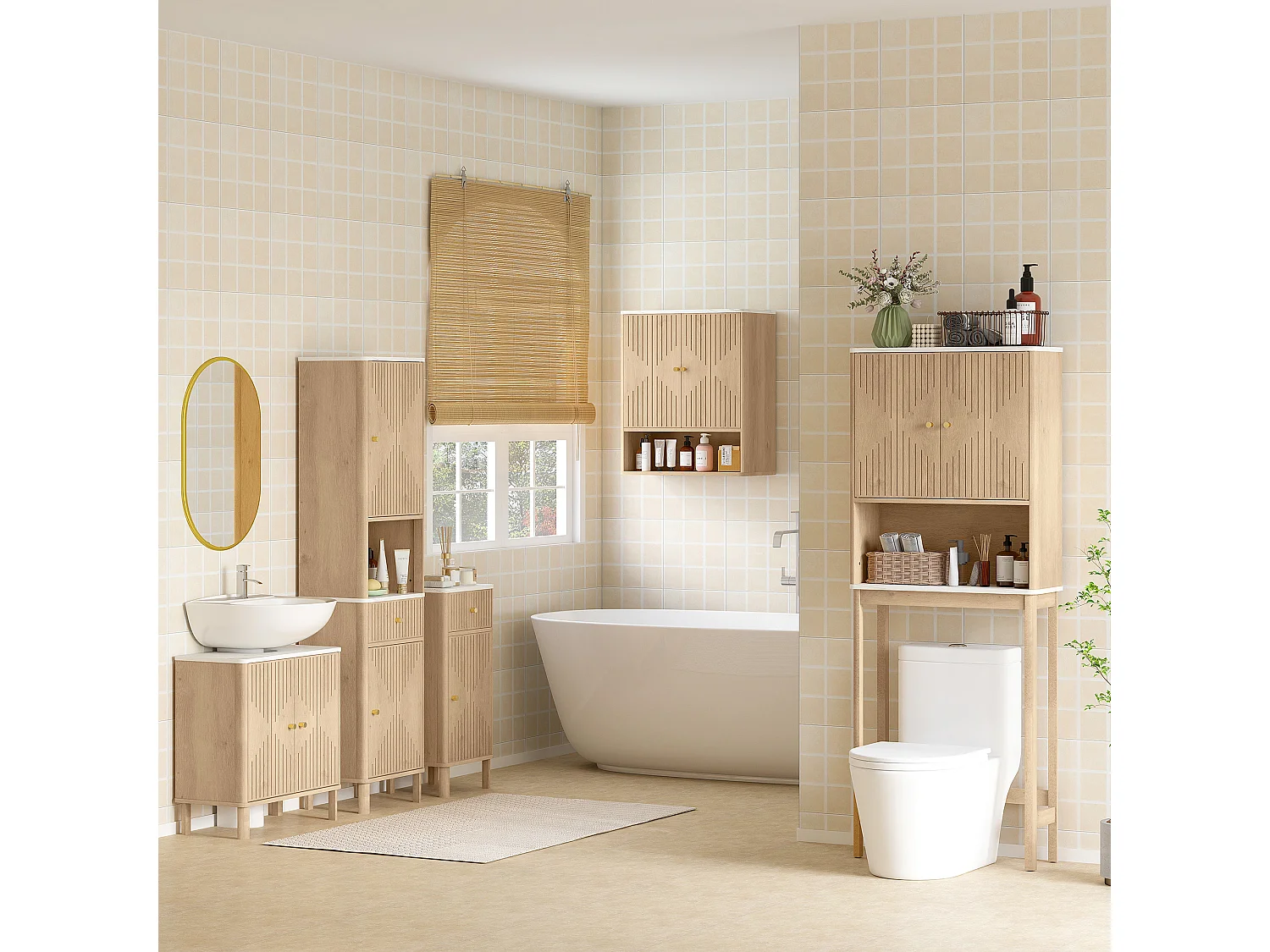 Colonna bagno con cassetto 2 armadietti e ripiani regolabili rovere