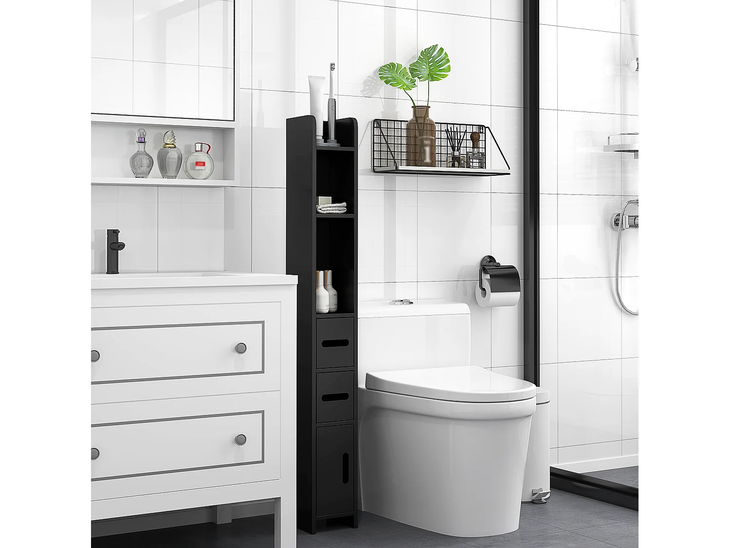 Mobile bagno salvaspazio con mensole e armadietti legno nero