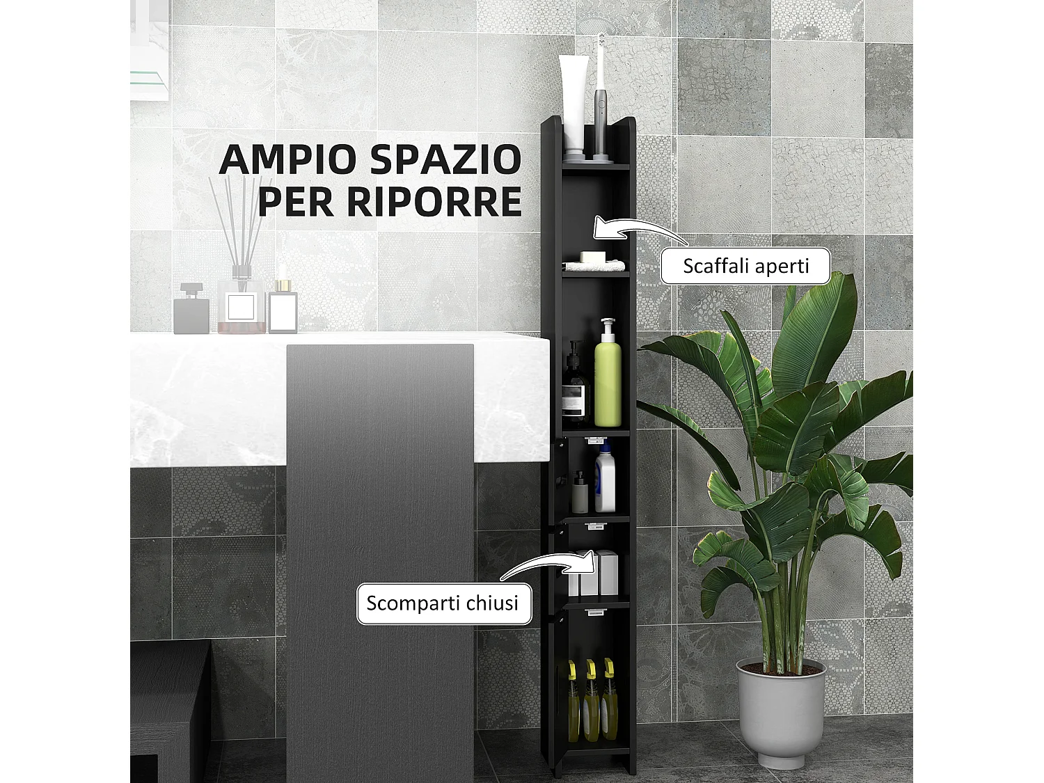 Mobile bagno salvaspazio con mensole e armadietti legno nero