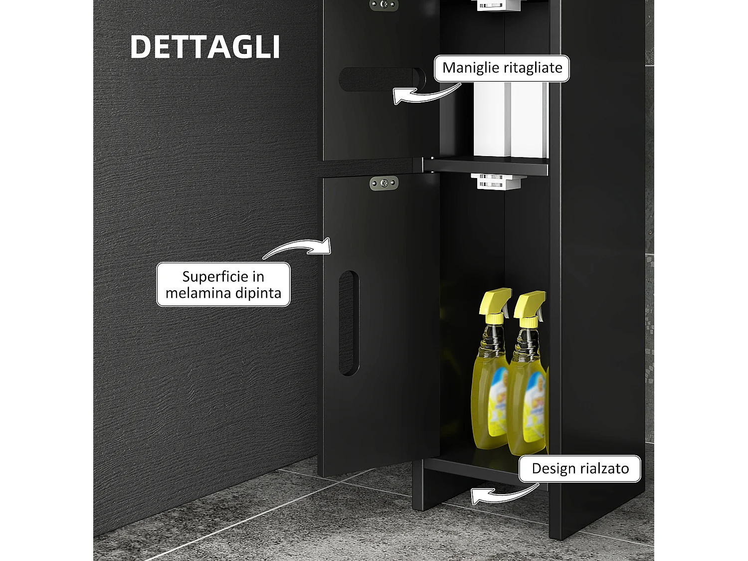 Mobile bagno salvaspazio con mensole e armadietti legno nero