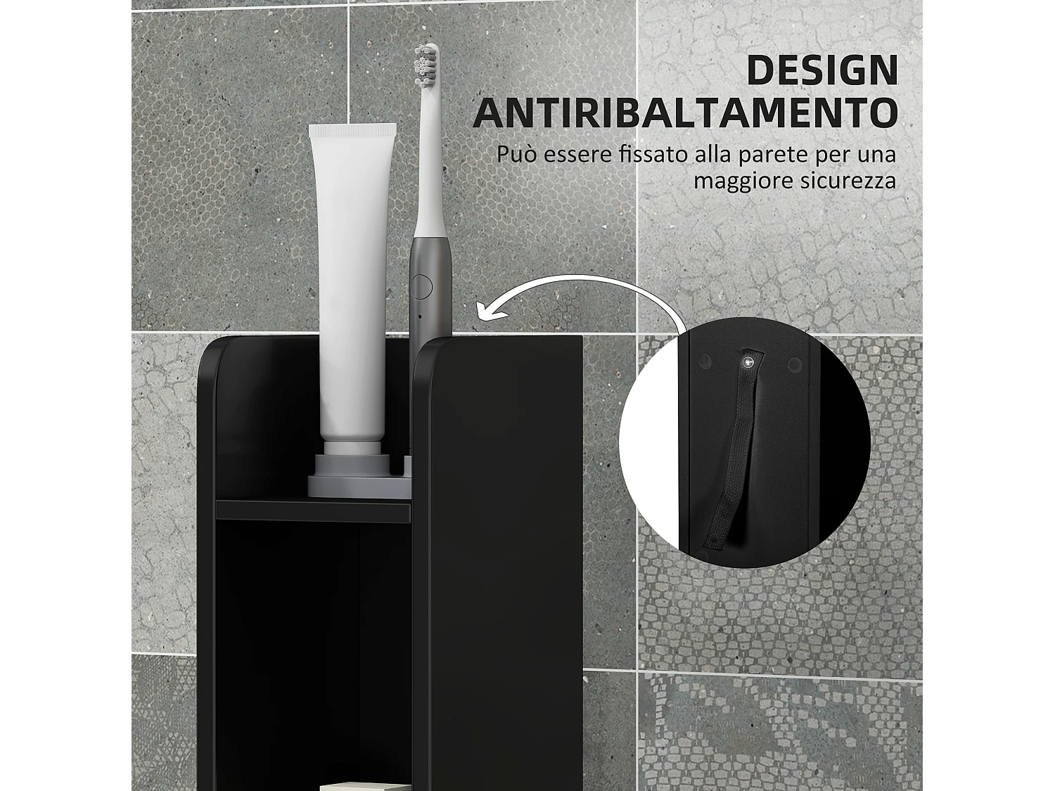 Mobile bagno salvaspazio con mensole e armadietti legno nero