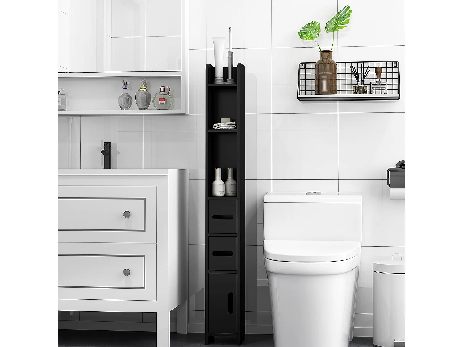 Mobile bagno salvaspazio con mensole e armadietti legno nero