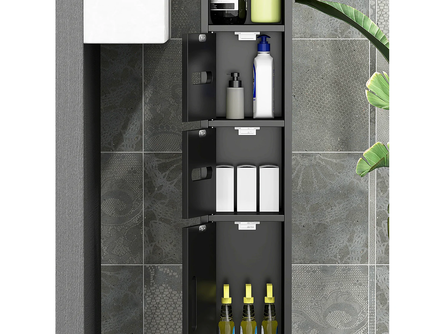 Mobile bagno salvaspazio con mensole e armadietti legno nero