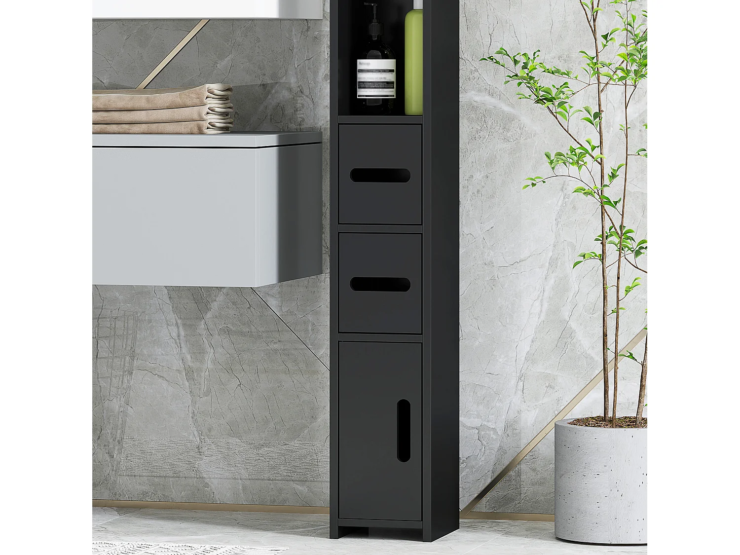 Mobile bagno salvaspazio con mensole e armadietti legno nero