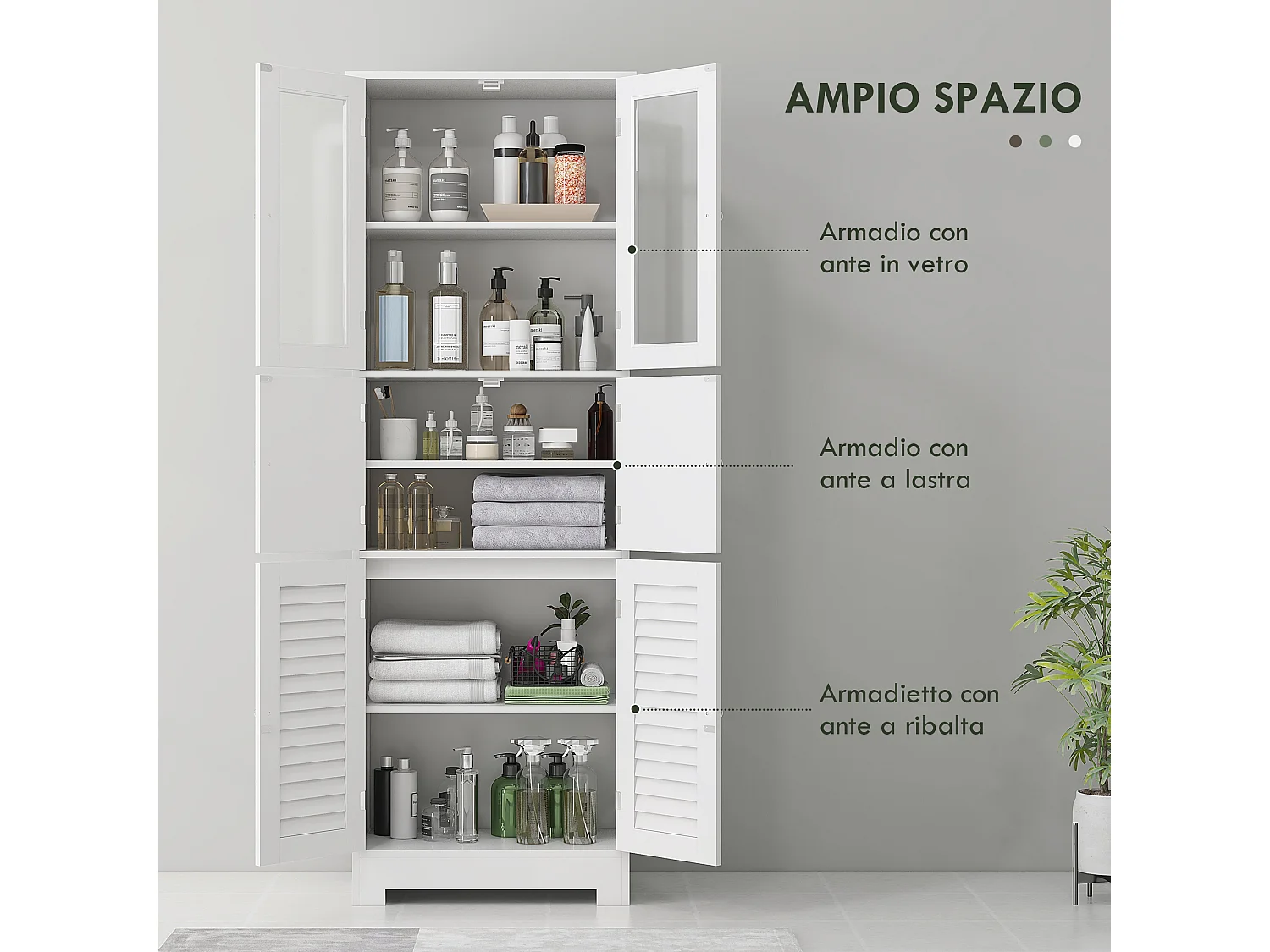 Mobile bagno con 3 armadietti a 2 ante 60x30x170.5cm bianco