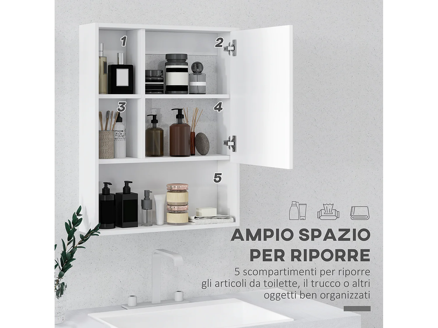 Armadietto bagno con specchio e ripiani interni ed esterni bianco