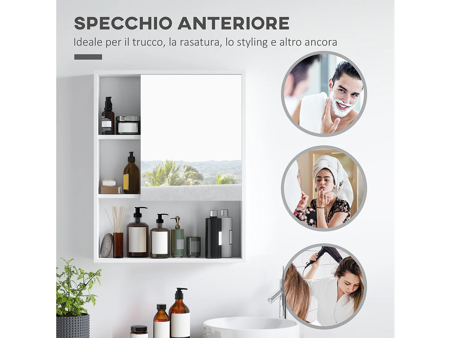 Armadietto bagno con specchio e ripiani interni ed esterni bianco