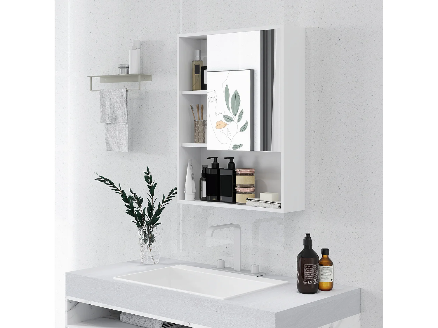 Armadietto bagno con specchio e ripiani interni ed esterni bianco