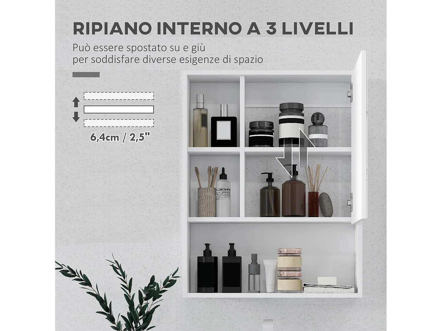 Armadietto bagno con specchio e ripiani interni ed esterni bianco