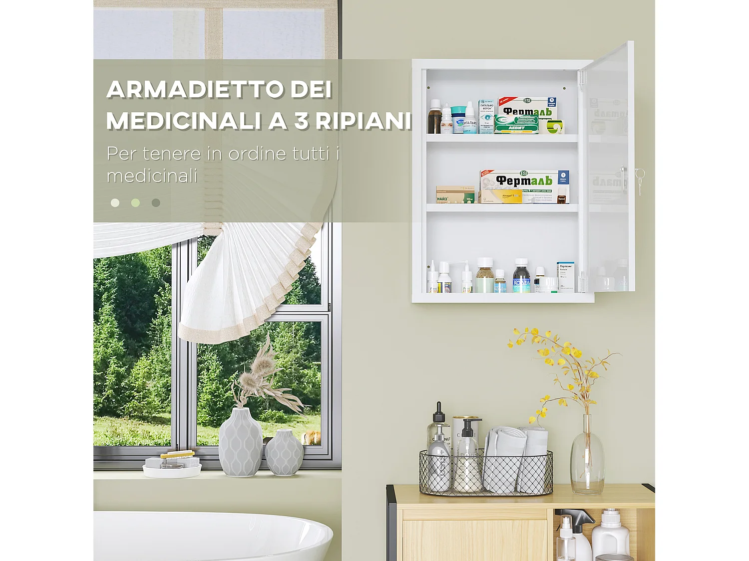 Armadietto medicinali a 3 ripiani con serratura in acciaio bianco