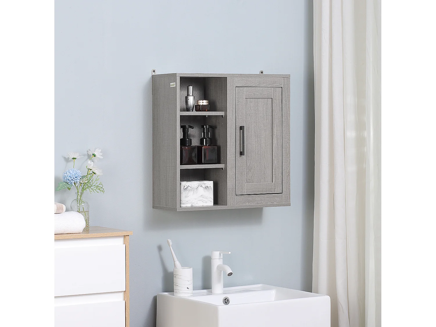 Pensile bagno con 3 ripiani aperti e armadietto in legno grigio