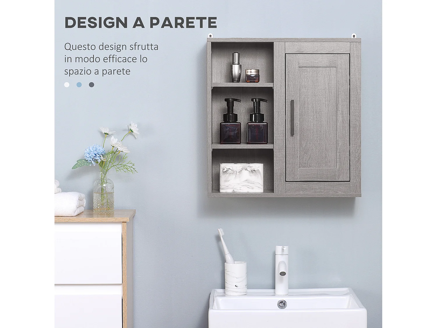 Pensile bagno con 3 ripiani aperti e armadietto in legno grigio