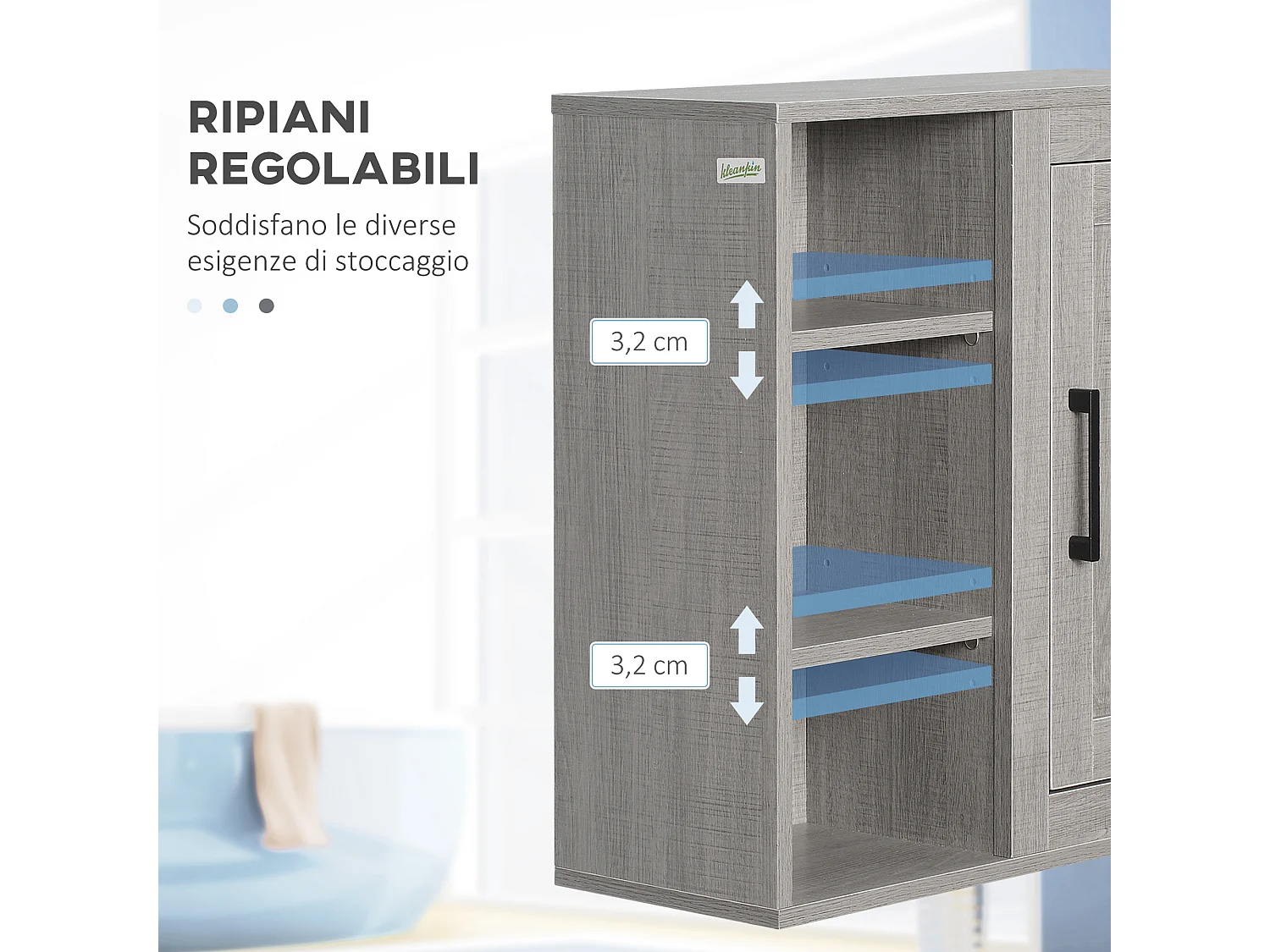 Pensile bagno con 3 ripiani aperti e armadietto in legno grigio