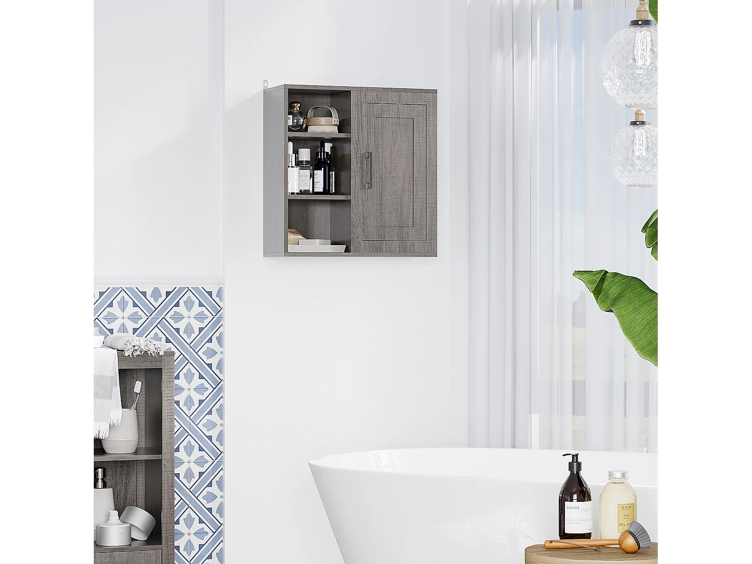 Pensile bagno con 3 ripiani aperti e armadietto in legno grigio