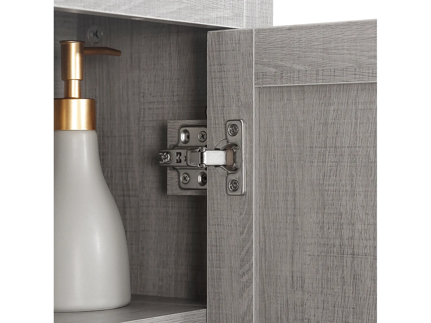 Pensile bagno con 3 ripiani aperti e armadietto in legno grigio