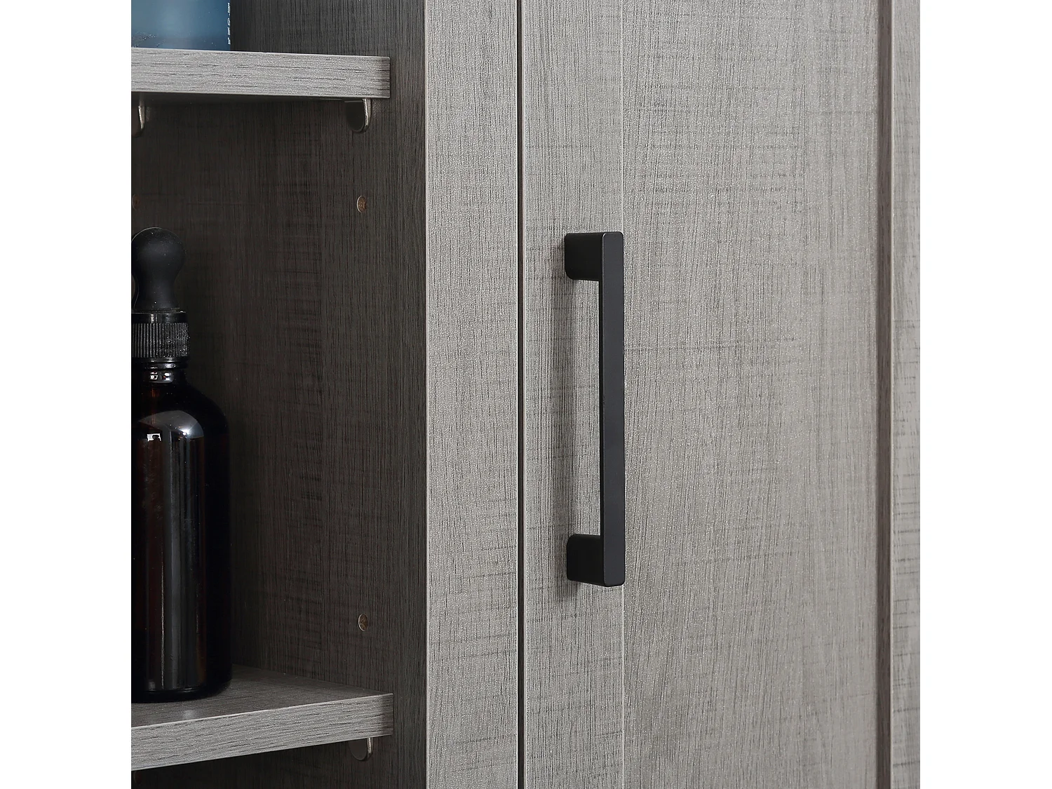 Pensile bagno con 3 ripiani aperti e armadietto in legno grigio