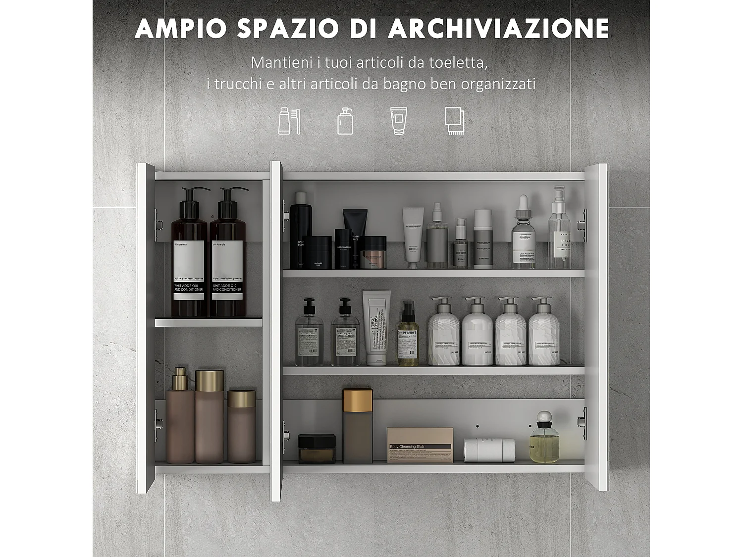 Armadietto pensile bagno con 3 ante a specchio in legno bianco